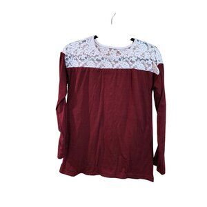 Womens Burgundy Long-Sleeve Top With  Floral Lace Yoke